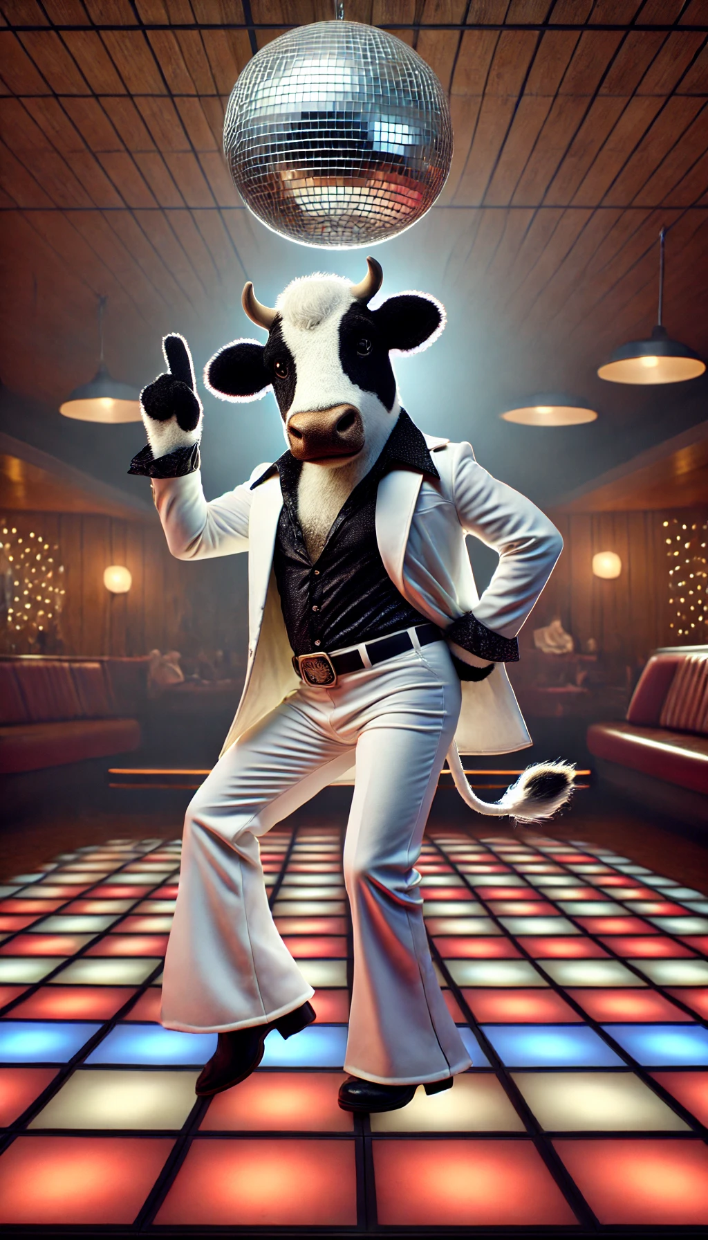 AI generated image of a cow dancing like in Saturday Night Fever