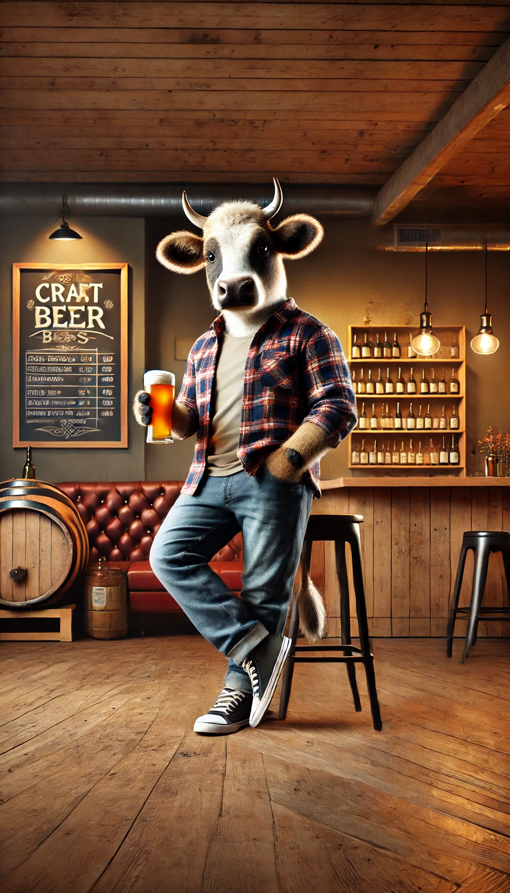 AI Generated image of a Hipster like Cow drinking a beer